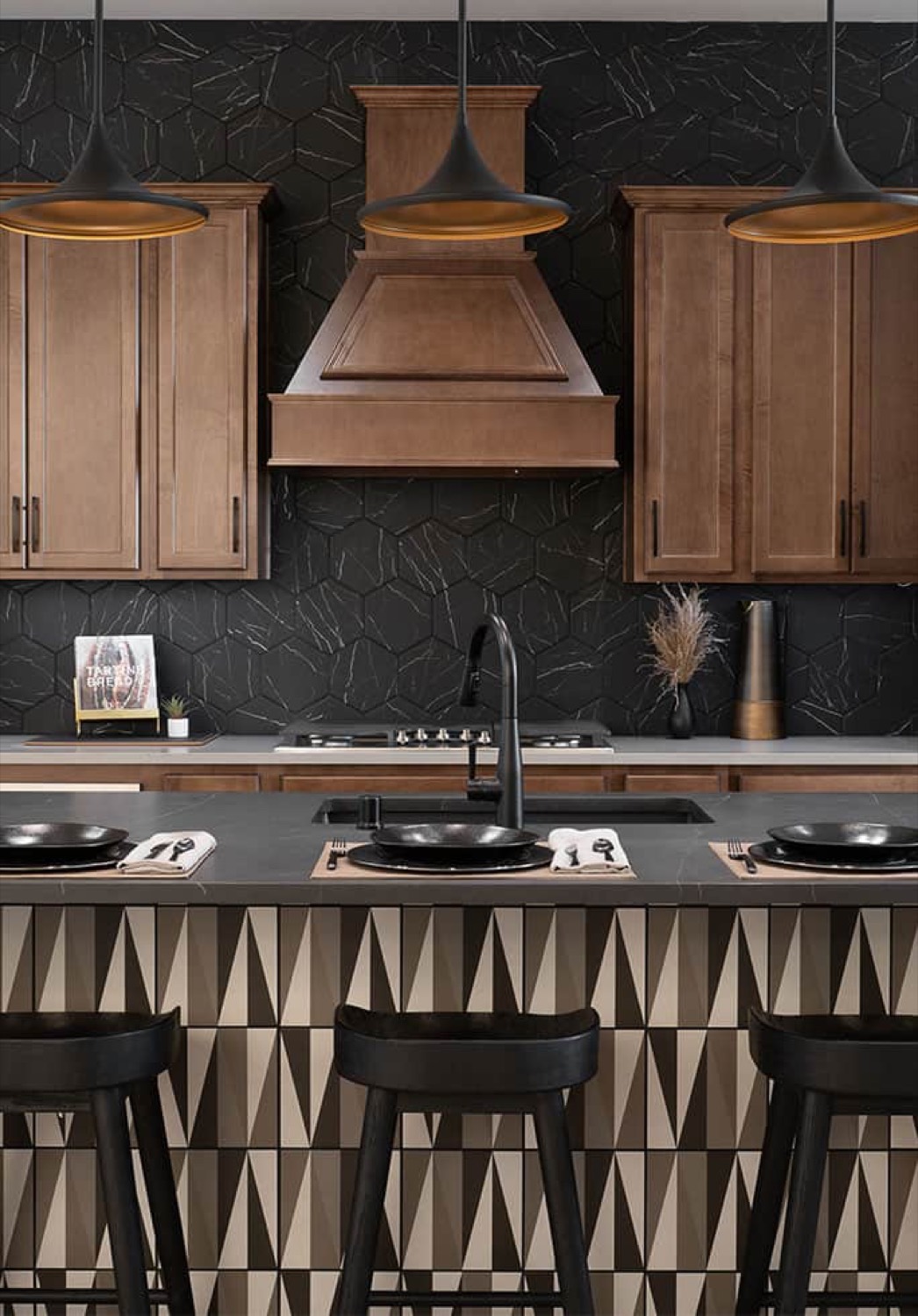 Custom kitchen with wood range hood and tile backsplash
